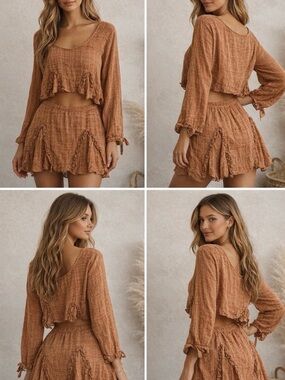 Free People Getaway Set Rust Brown Textured Size S NWT